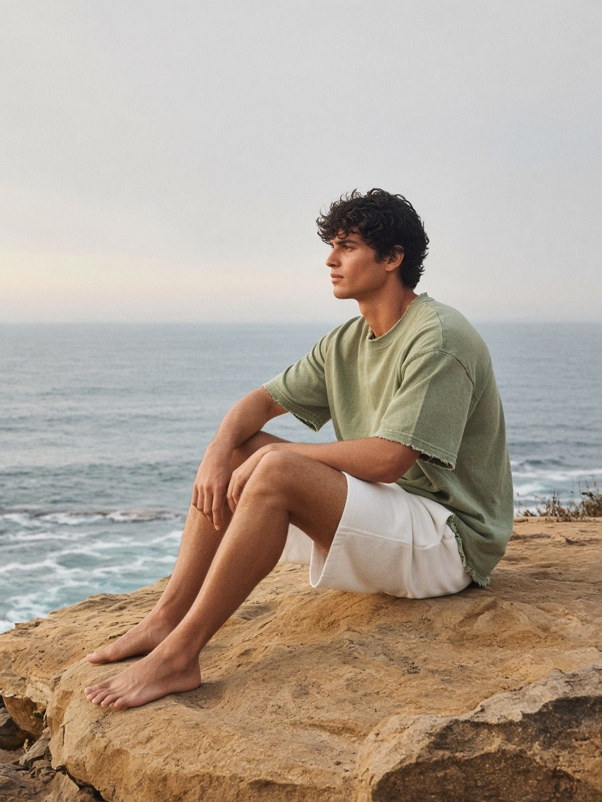 Man in the Men's Heavyweight Vintage Washed Frayed T-Shirt in Gray Green with white shorts, seated on sea rocks at dawn