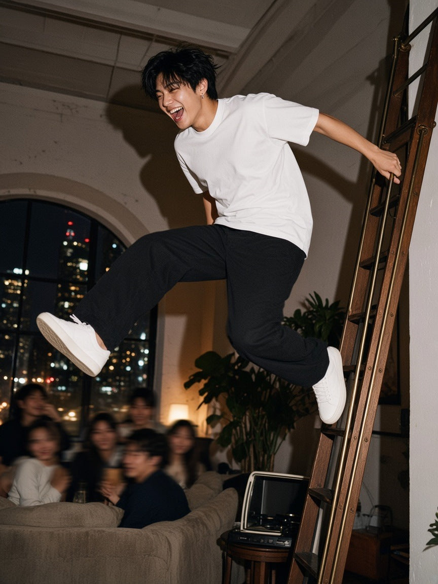 Man in the Marcel Afters Men's Oversized T-Shirt in White with black trousers, leaping off a library ladder at a Tribeca loft party in New York at 1am