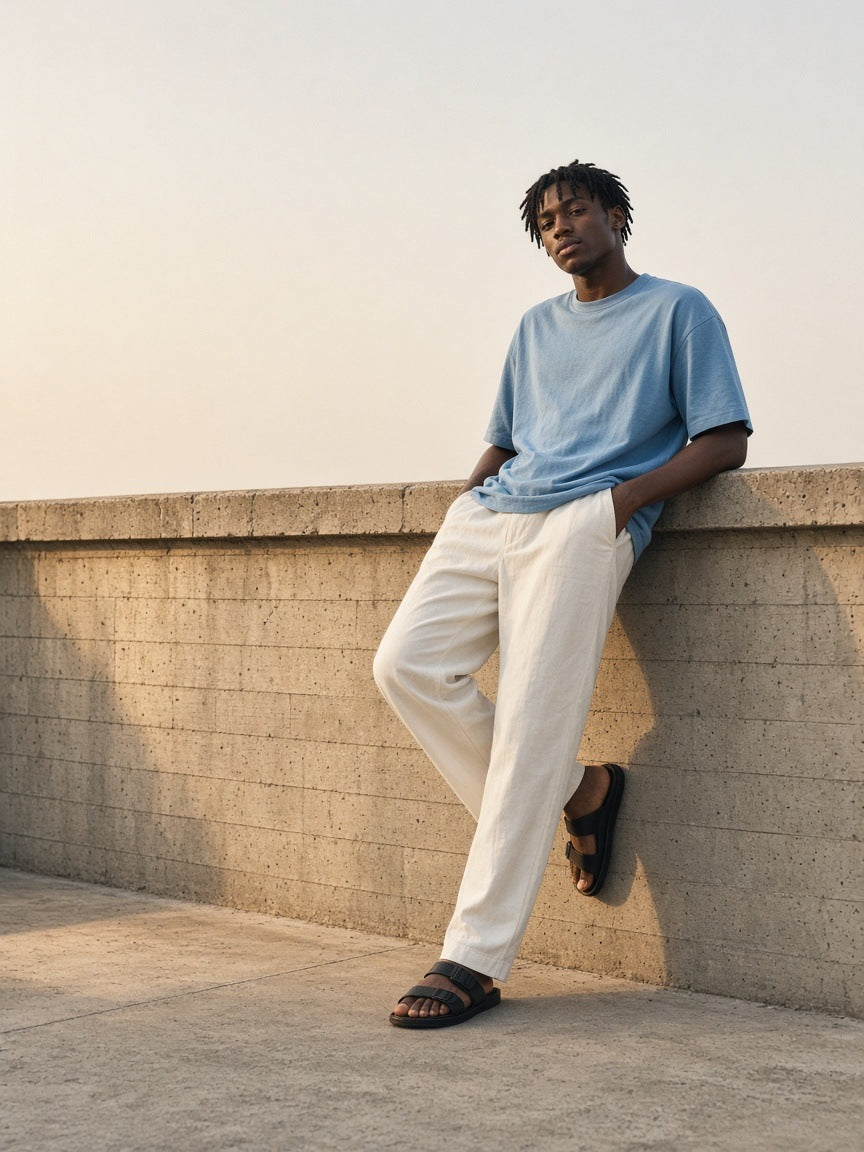 Man in the Men's Oversized T-Shirt in Sky Blue with ecru trousers and leather sandals, leaning on a harbour wall in morning light