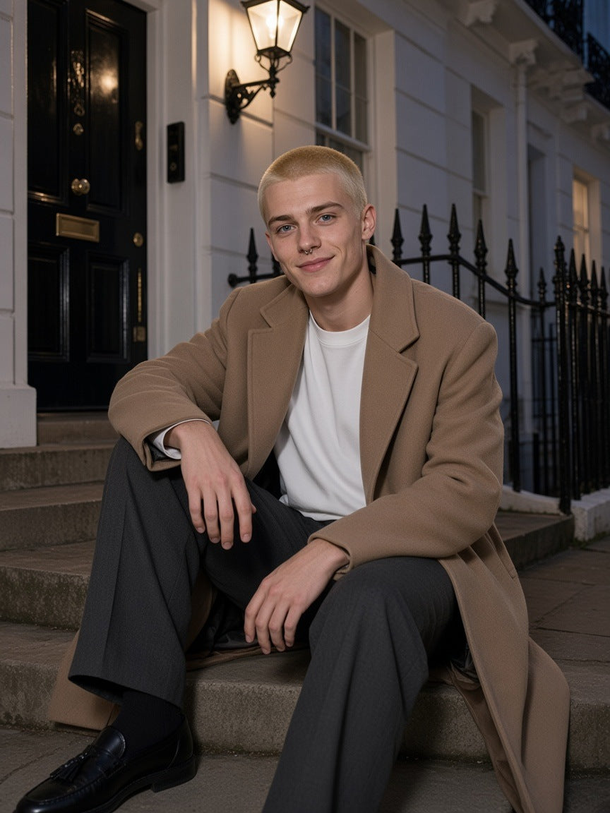Man in the Men's Oversized T-Shirt in White sitting on the steps of a Belgravia townhouse in London at night