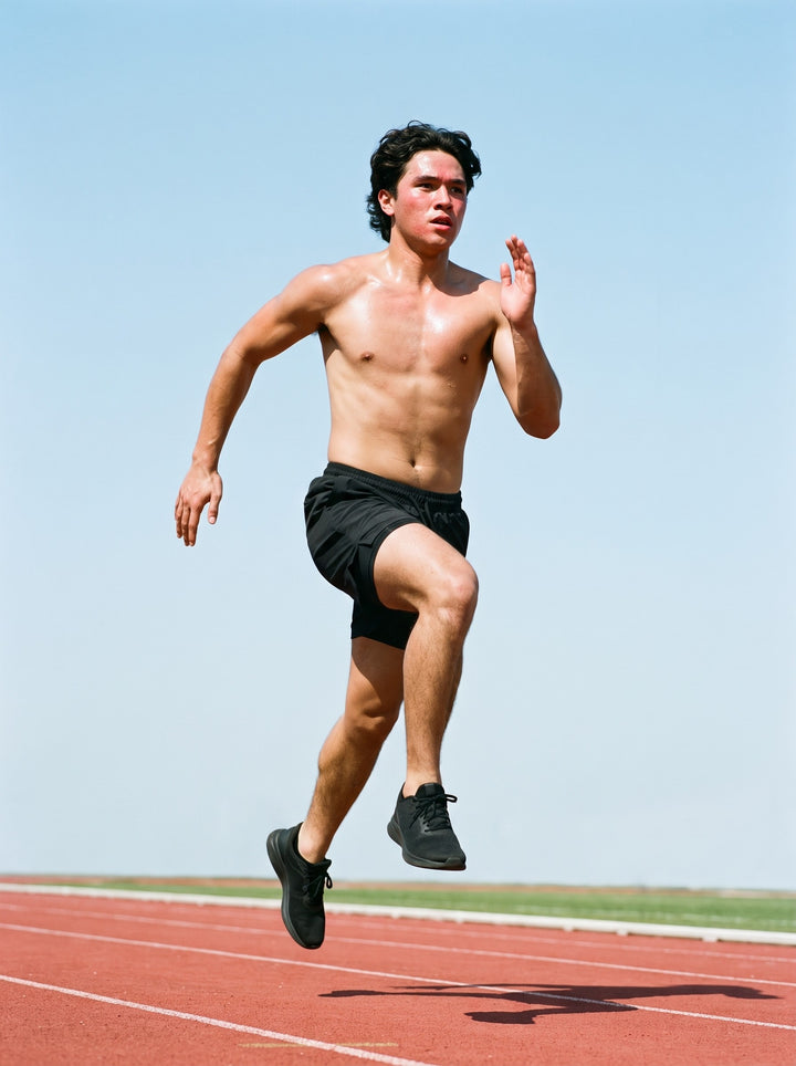 Man in the Men's Pocketed Compression-Lined Performance Shorts in Black, sprinting shirtless on a running track in midday sun