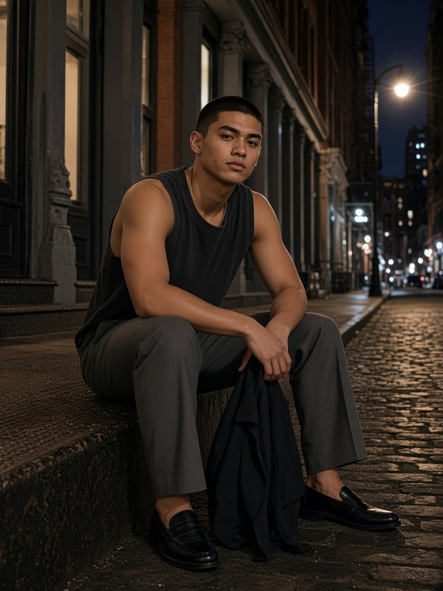 Man in the Men's Snow Washed Frayed Hem Tank Top in Black sitting on a loading dock step on Mercer Street in SoHo, New York at night