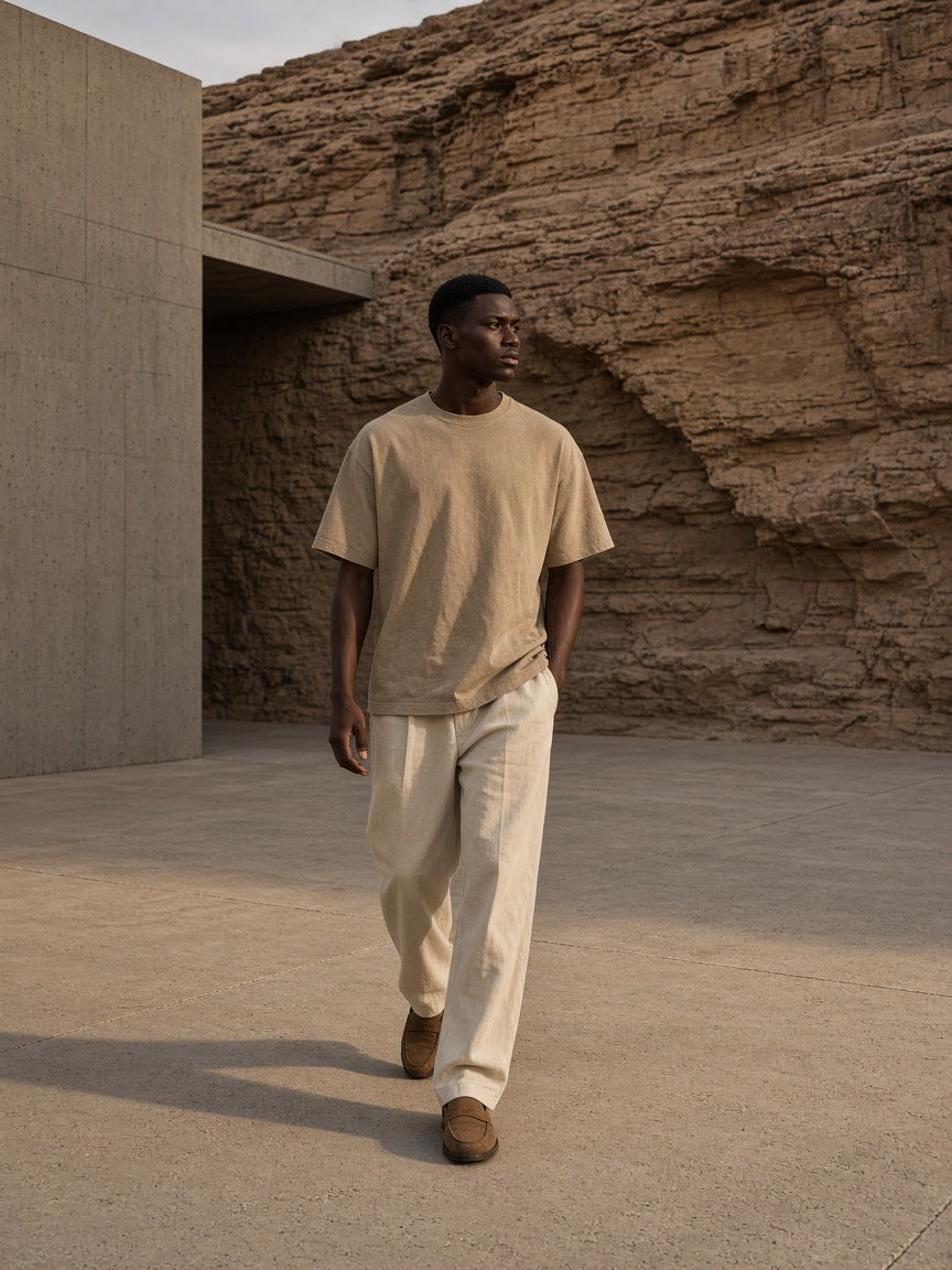 Man in the Men's Snow Washed Heavyweight Oversize T-Shirt in Khaki with ecru trousers and suede shoes, walking past a desert rock wall