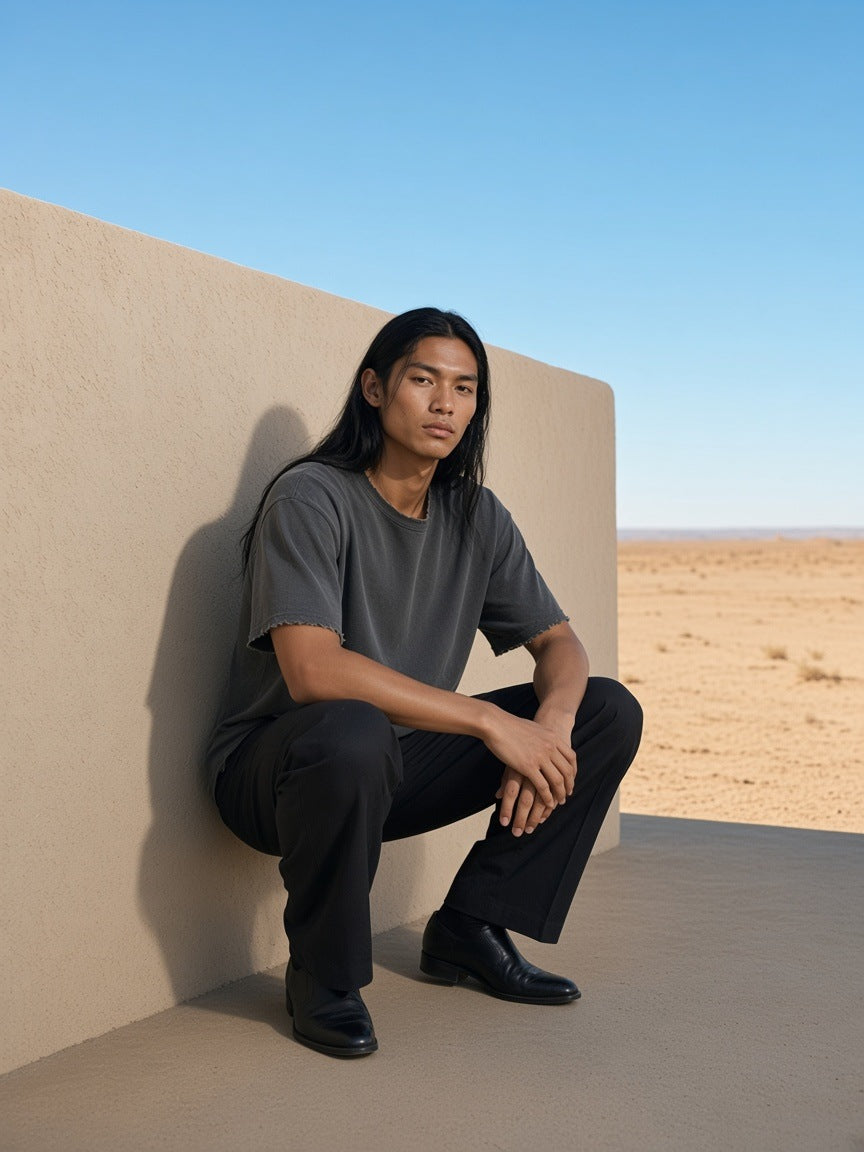Man in the Men's Sun Fade Raw Edge T-Shirt in Dark Gray leaning on an adobe wall in Marfa, Texas by day
