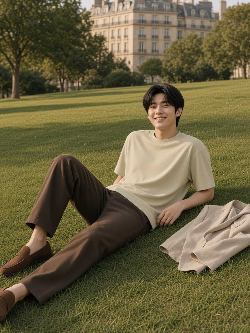 Man in the Men's Heavyweight Drop Shoulder T-Shirt in Pale Khaki on the Champ de Mars lawn in late-afternoon sun