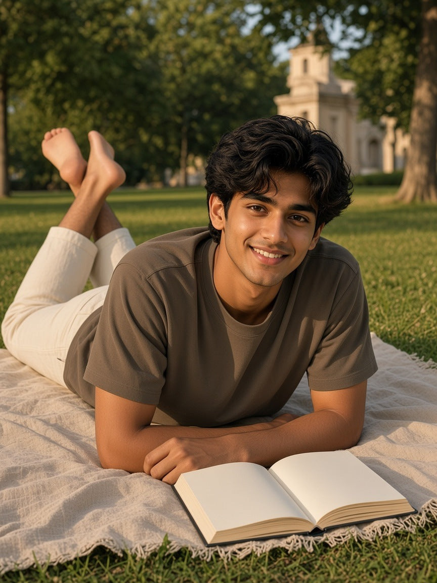 Man in the Men's Heavyweight Earth Tone T-Shirt in Brown reading on a picnic blanket in the Buttes-Chaumont at golden hour