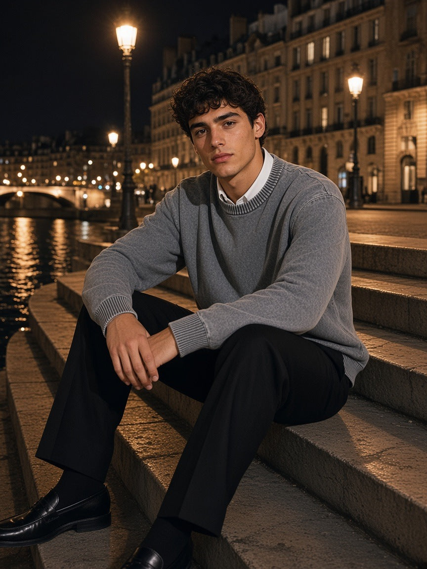 Man in the Mineral Wash Crewneck Sweater in Gray, seated on the stone steps of a Seine quay in Paris at night