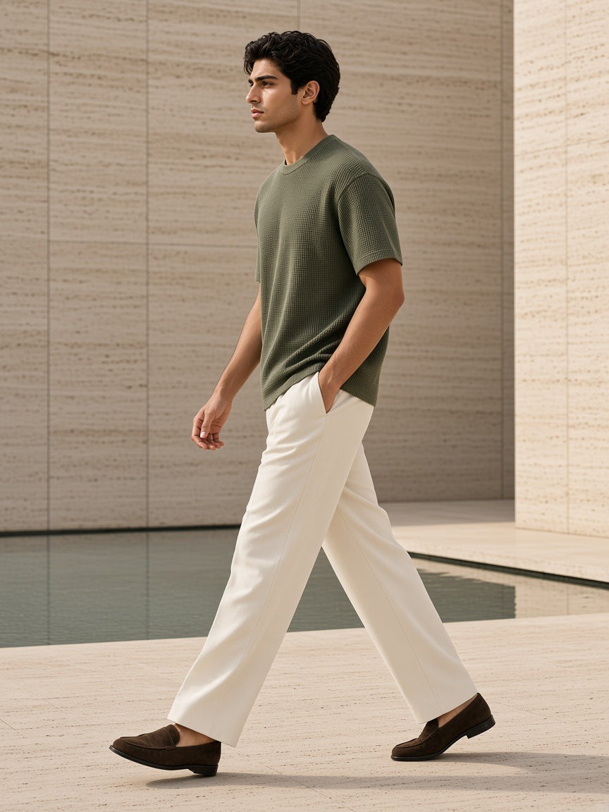 Mineral Wash Waffle Knit T-Shirt in Army Green, à deux, worn by him
