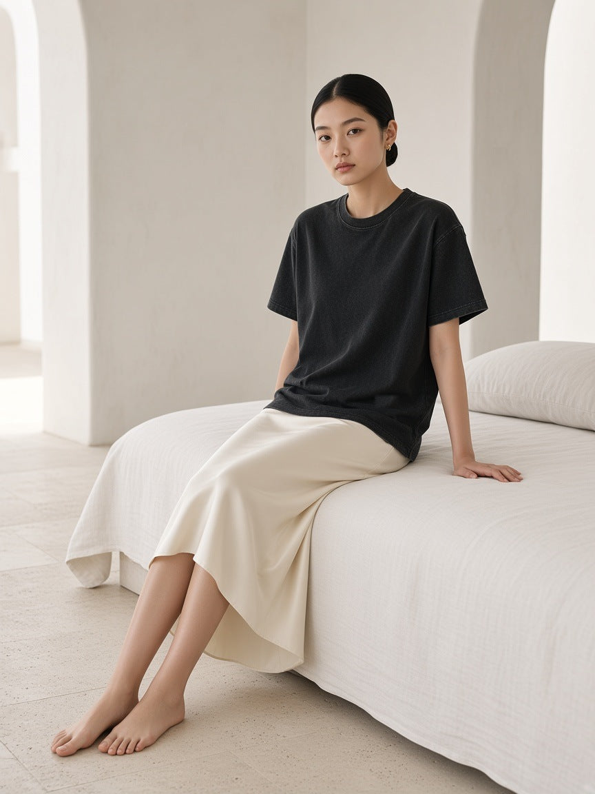 Mineral Wash Waffle Knit T-Shirt in Black, à deux, worn by her