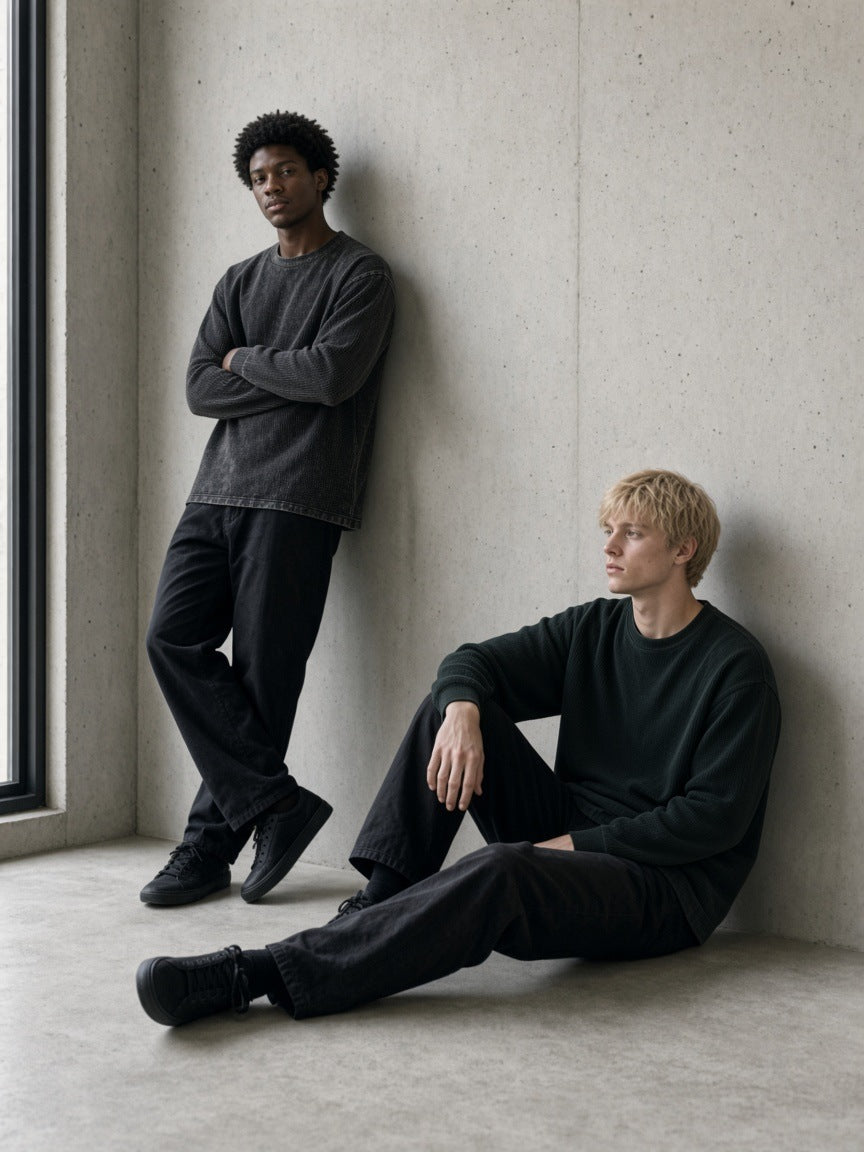 Two people in the Mineral Wash Waffle Oversized T-Shirt in Black and Blackish Green, one leaning on a concrete wall, one seated on the floor, in a sunlit concrete studio by day