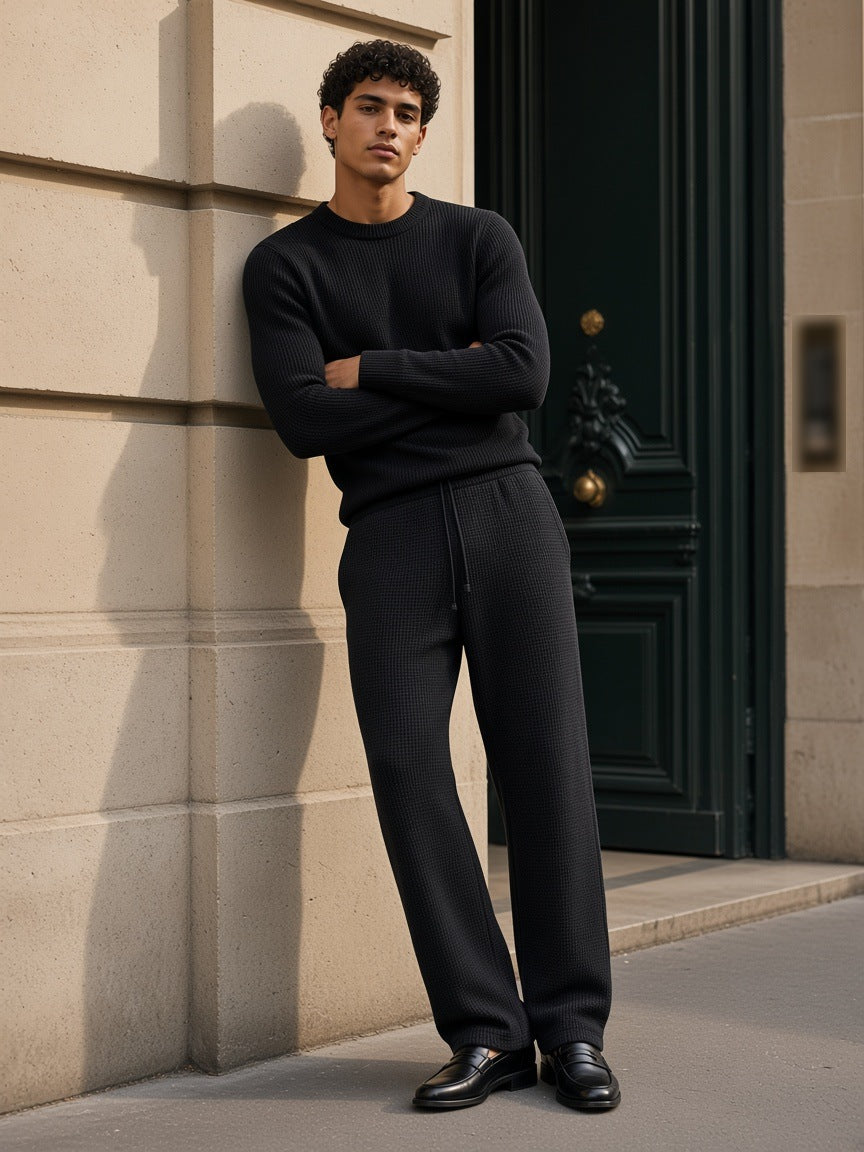 Mineral Wash Waffle Sweatpants in Black, à deux, worn by him
