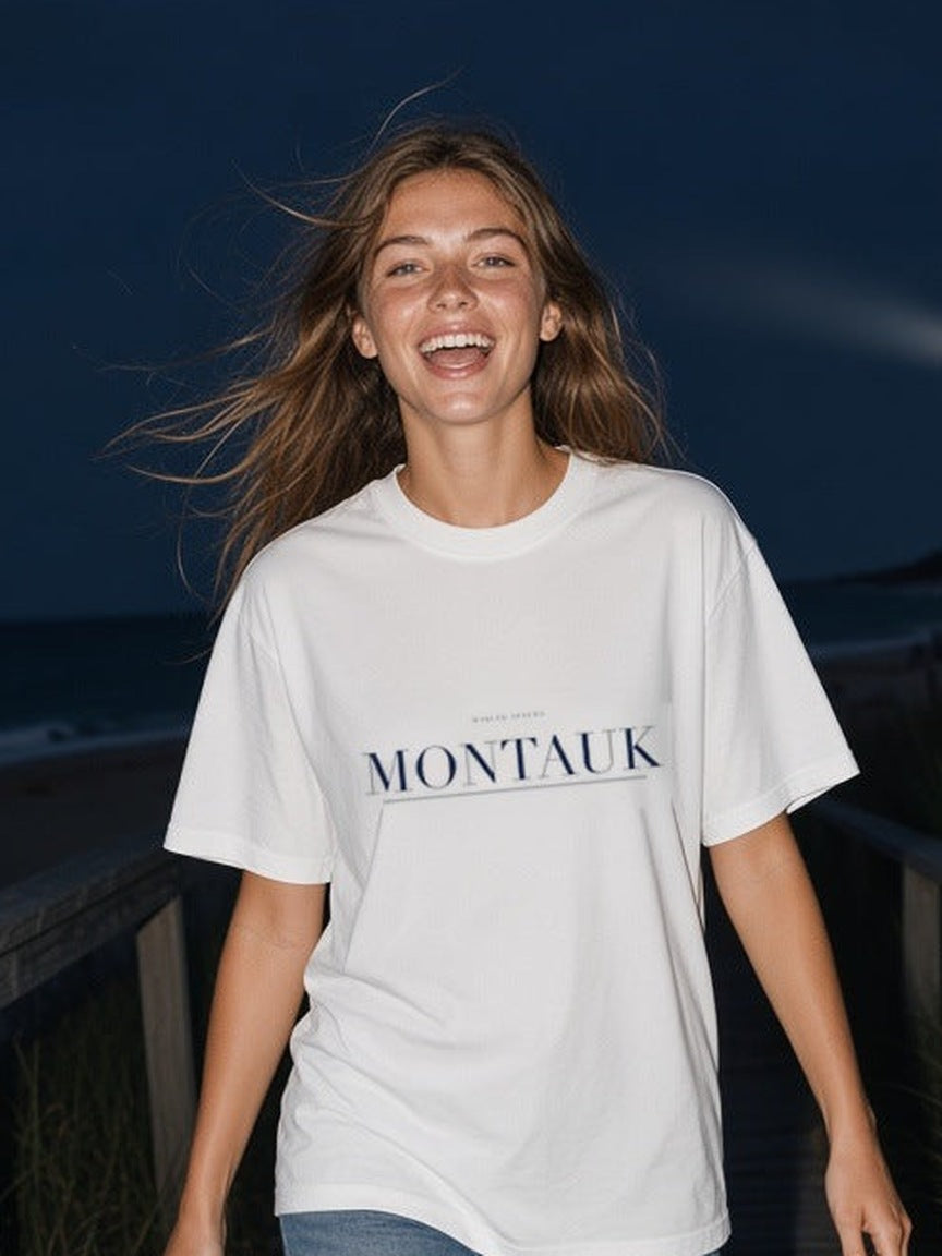Montauk print close-up on the White tee