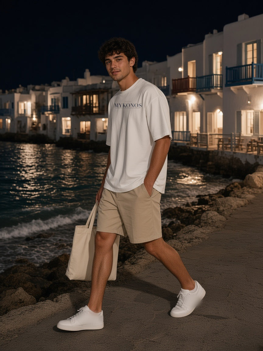 Man in the Mykonos Heavyweight Drop Shoulder T-Shirt in White with the navy Mykonos city plate, in a whitewashed lane in Mykonos at night