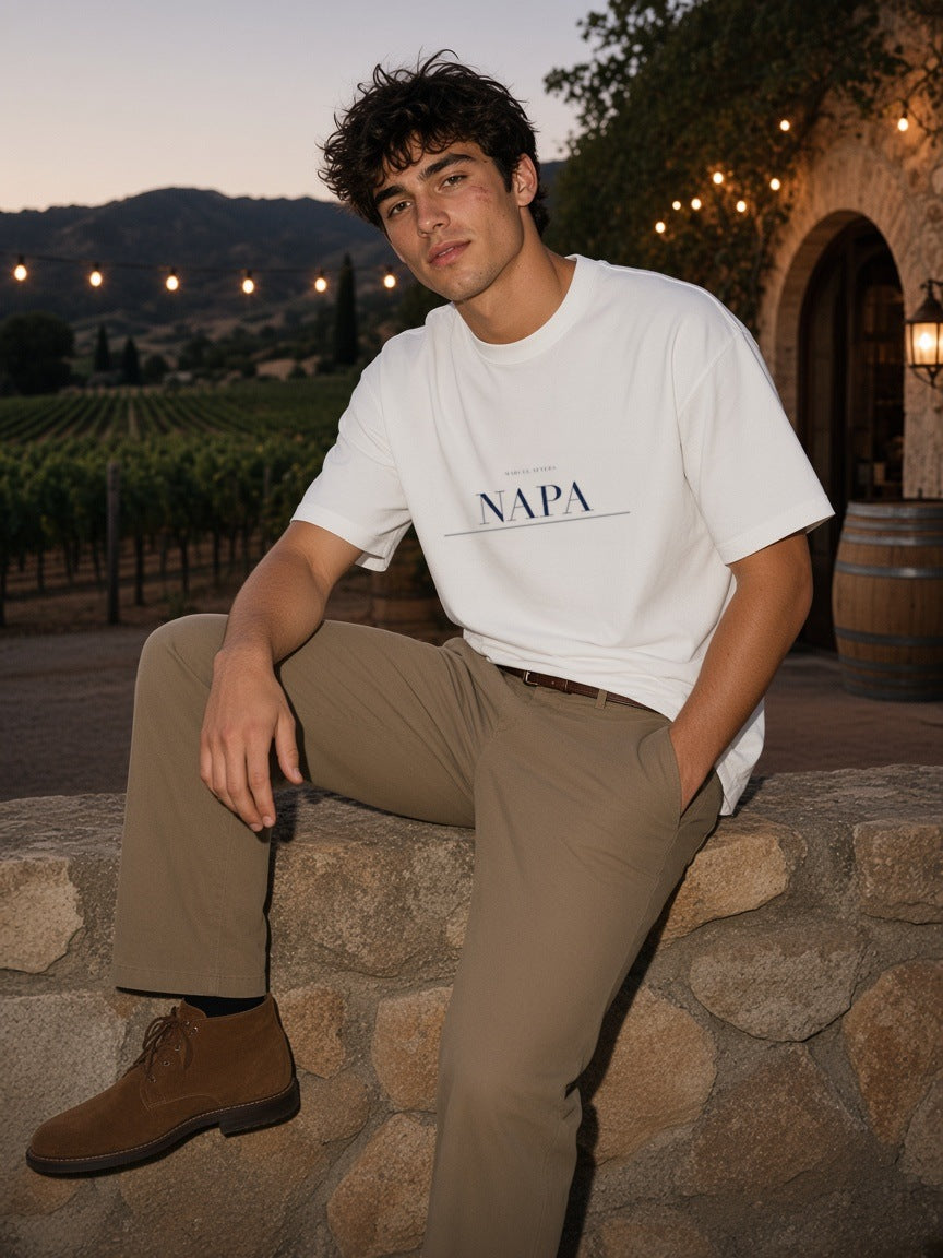 Man in the Napa Heavyweight Drop Shoulder T-Shirt in White with the navy Napa city plate, seated on a winery wall in Napa Valley at dusk