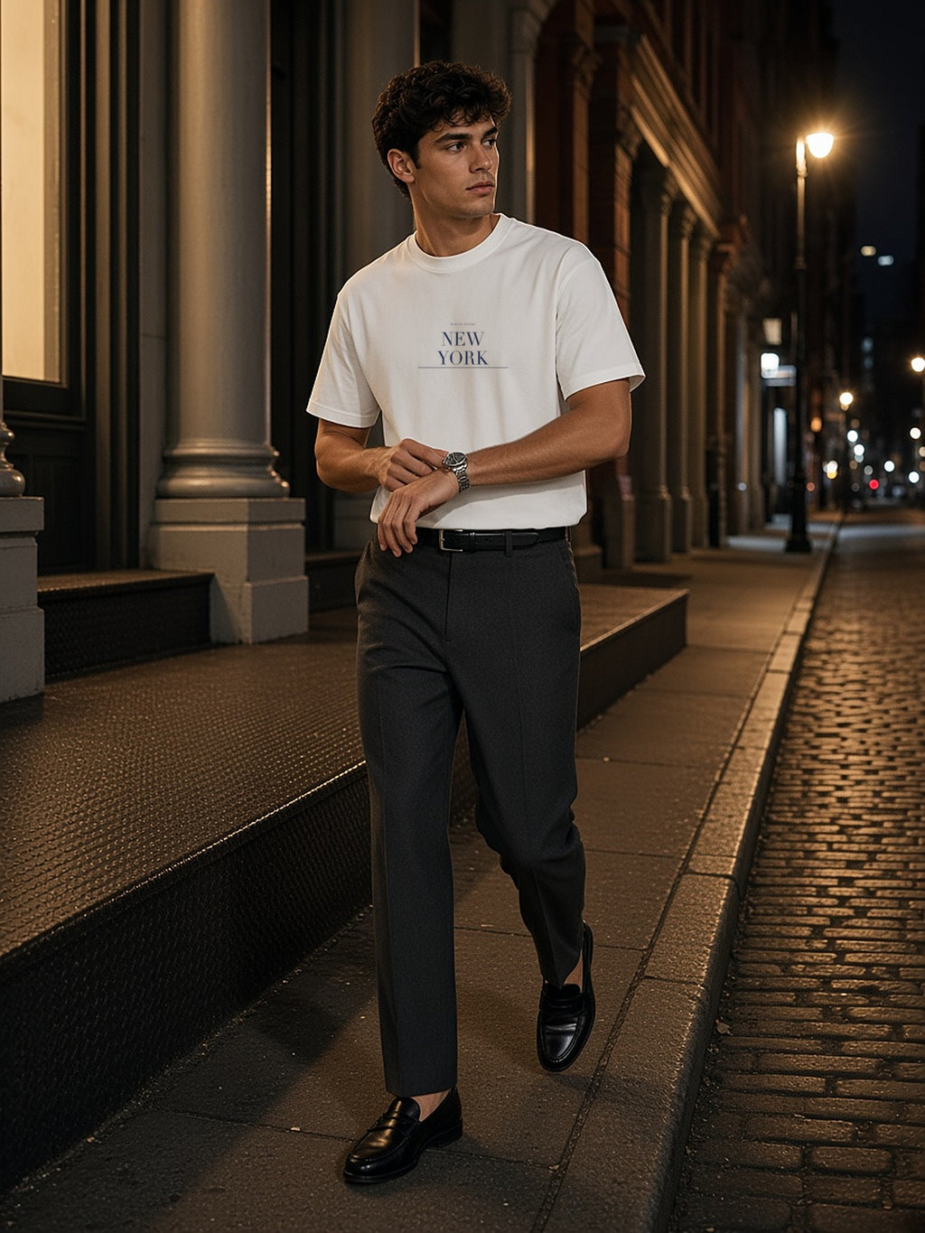 Man in the New York tee in White walking down Mercer Street in SoHo, New York, after dark