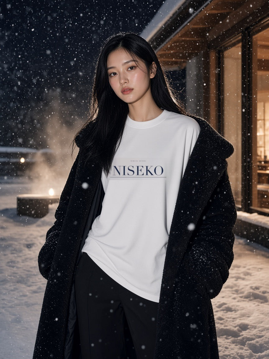 Woman in the Niseko Heavyweight Drop Shoulder T-Shirt in White with the navy Niseko city plate, at a snowy ski lodge in Niseko at night