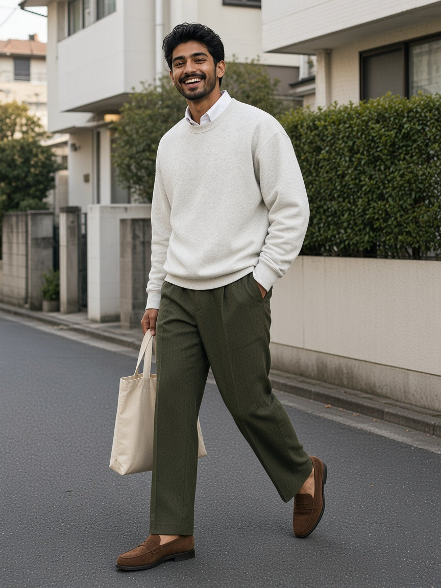 Man in the Oversized Drop Shoulder Crewneck Sweatshirt in Oat Gray by the window of a hotel suite in Tokyo by day