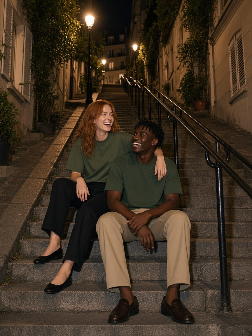Two people in the Marcel Afters Oversized Drop Shoulder T-Shirt, 200 gsm in Army Green on the Montmartre stairs at night