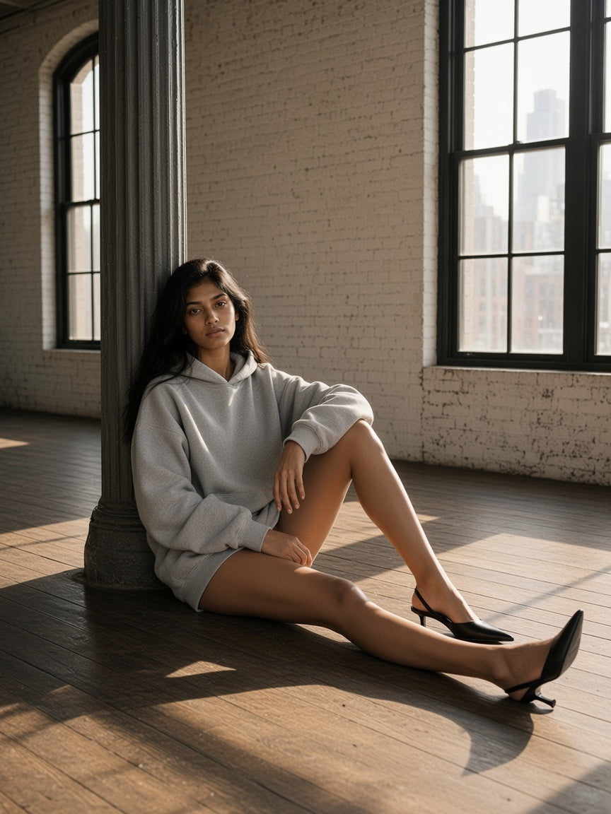 Woman in the Oversized Heavyweight Hoodie in Flower Gray sitting in a Tribeca loft in New York in the morning