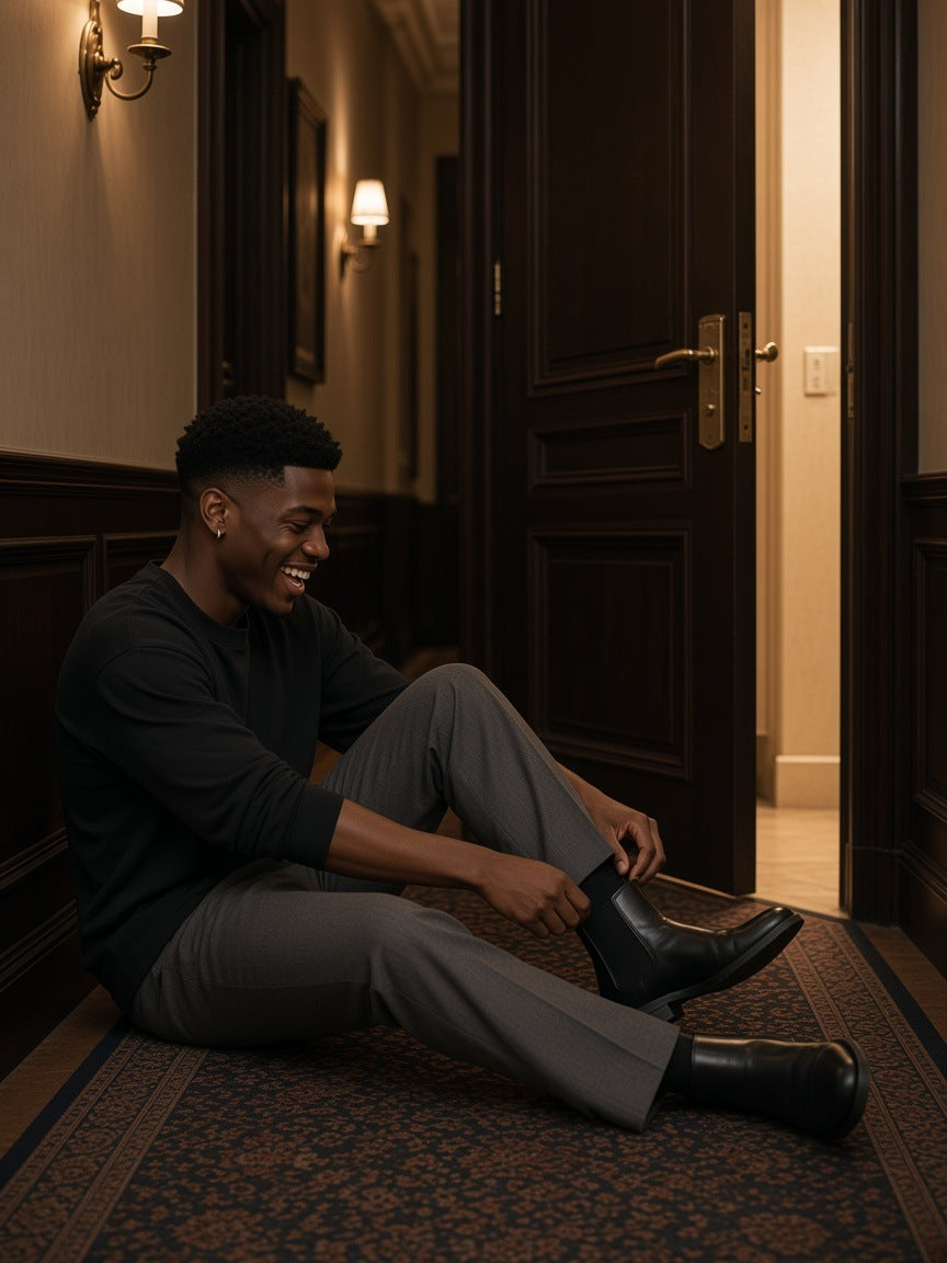 Man in the Oversized Long Sleeve T-Shirt in Black with grey pleated trousers, pulling on a Chelsea boot on the carpet of a Mayfair hotel corridor at night
