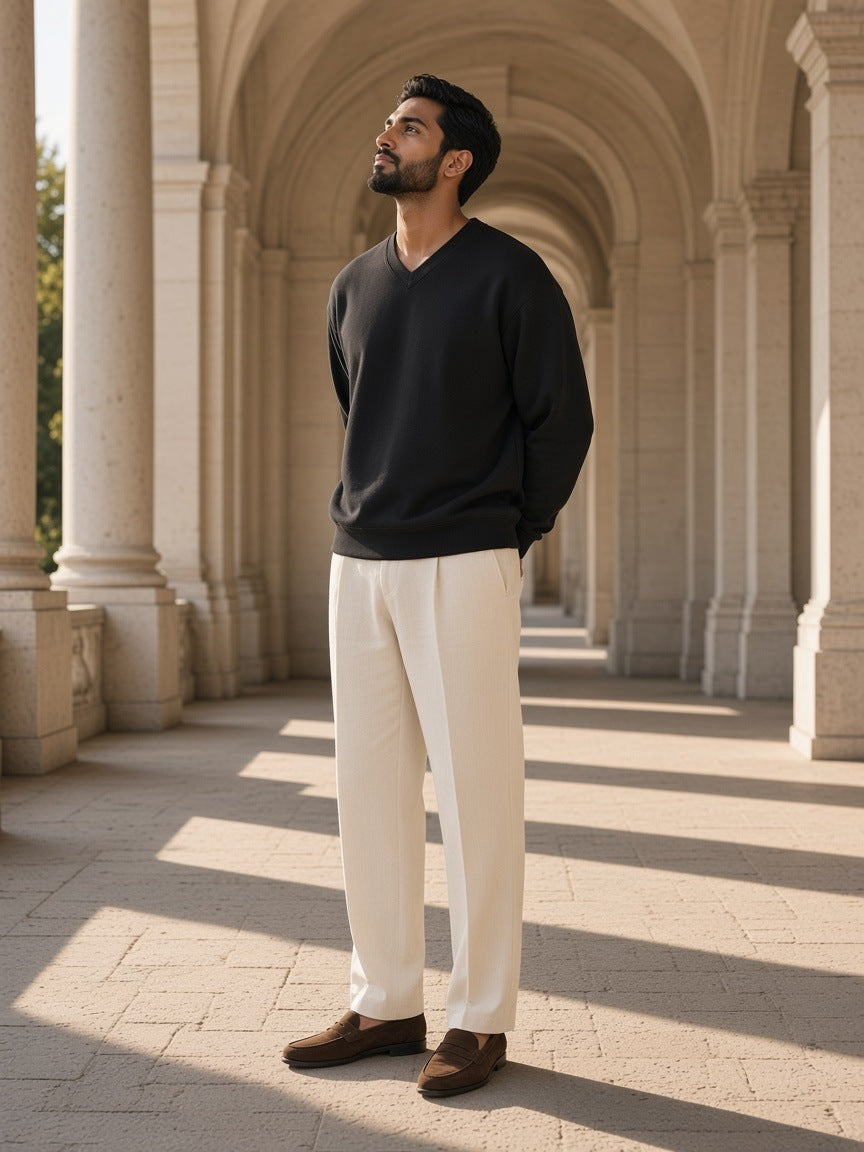 Oversized V-Neck Sweatshirt in Black, à deux, worn by him