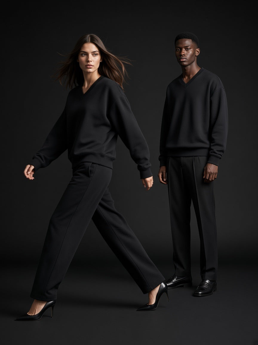 Two people in the Marcel Afters Oversized V-Neck Sweatshirt in Black, a woman striding in heels, a man standing still, charcoal studio