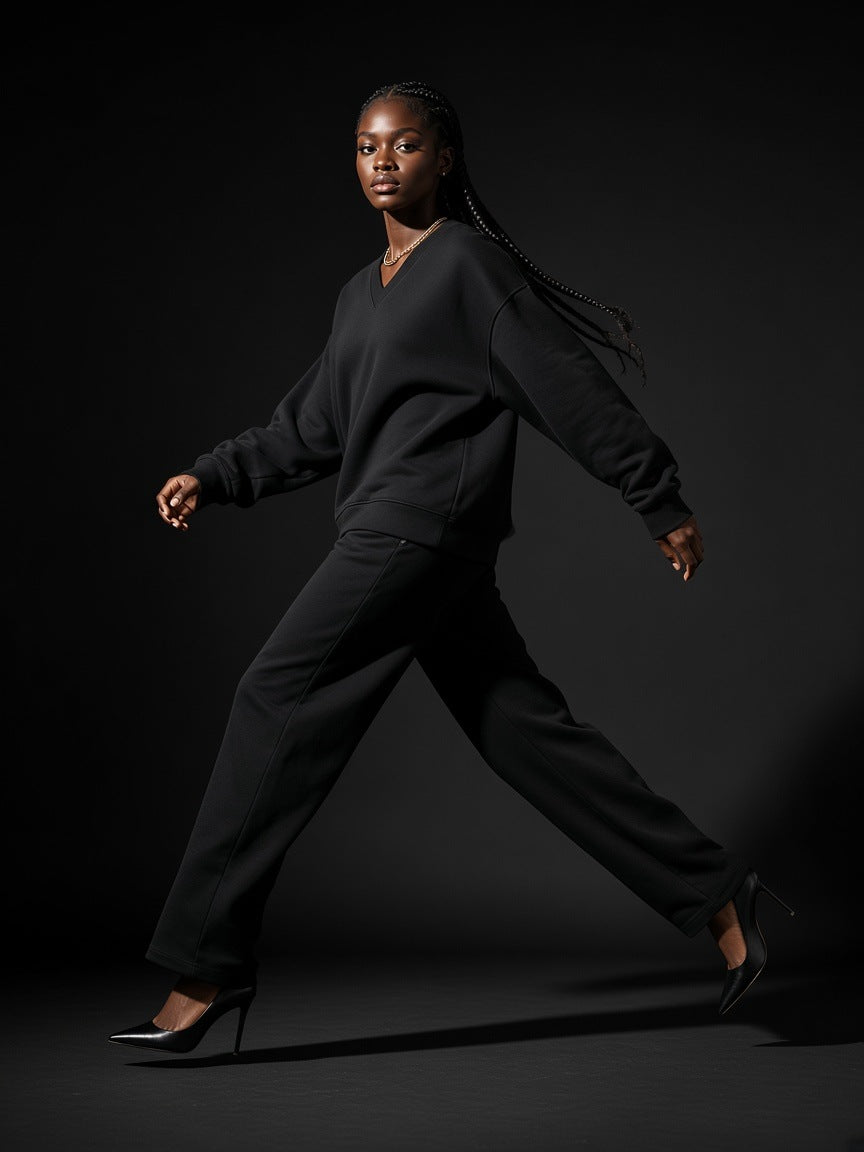 Woman in the Oversized V-Neck Sweatshirt in Black, striding in heels in a charcoal studio