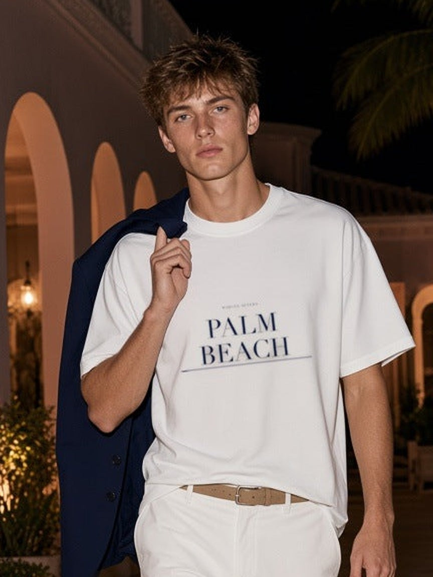Palm Beach print close-up on the White tee