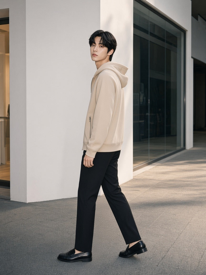 Man in the Paneled Full Zip Hoodie in Beige walking a gallery street in Hannam-dong, Seoul in the morning