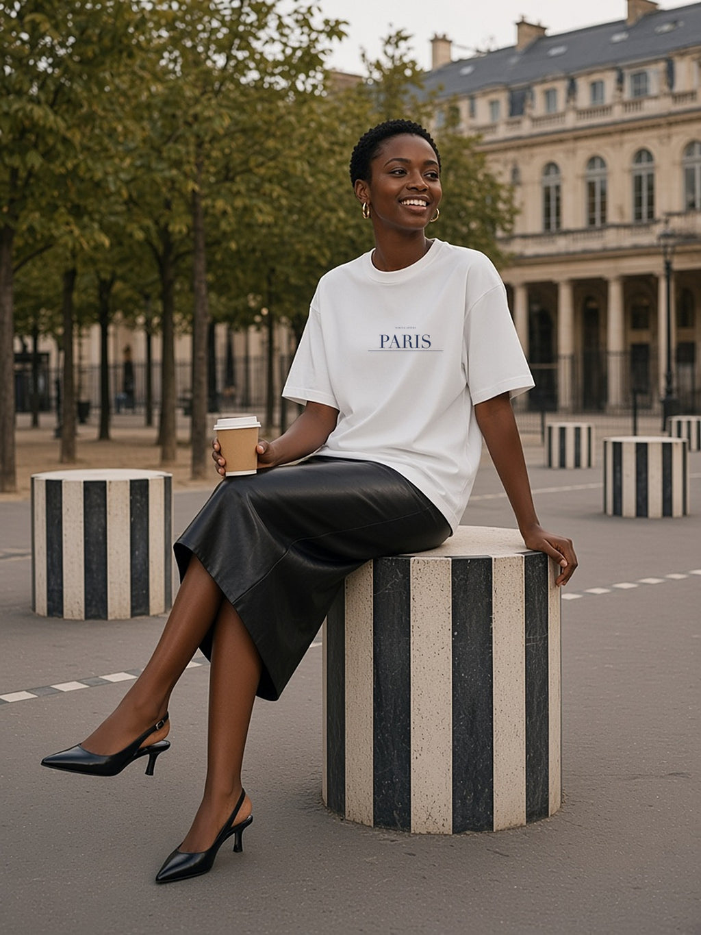 Woman in the Paris tee in White seated on a striped column in the Palais-Royal courtyard, Paris, in the morning