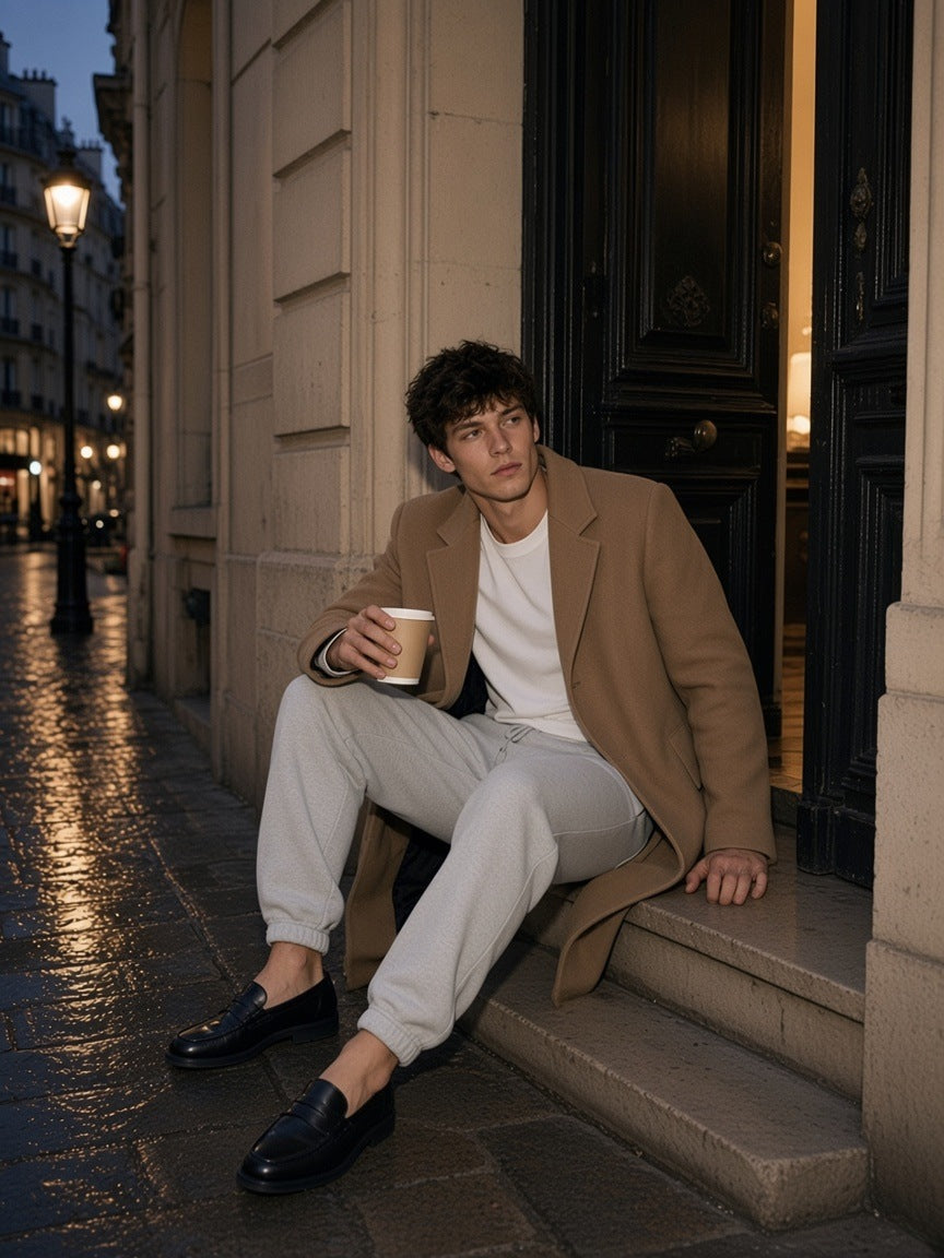 Man in the Men's Heavyweight Fleece Joggers in Flower Gray with a camel overcoat and loafers, coffee in hand on a Haussmann doorstep in Paris at night