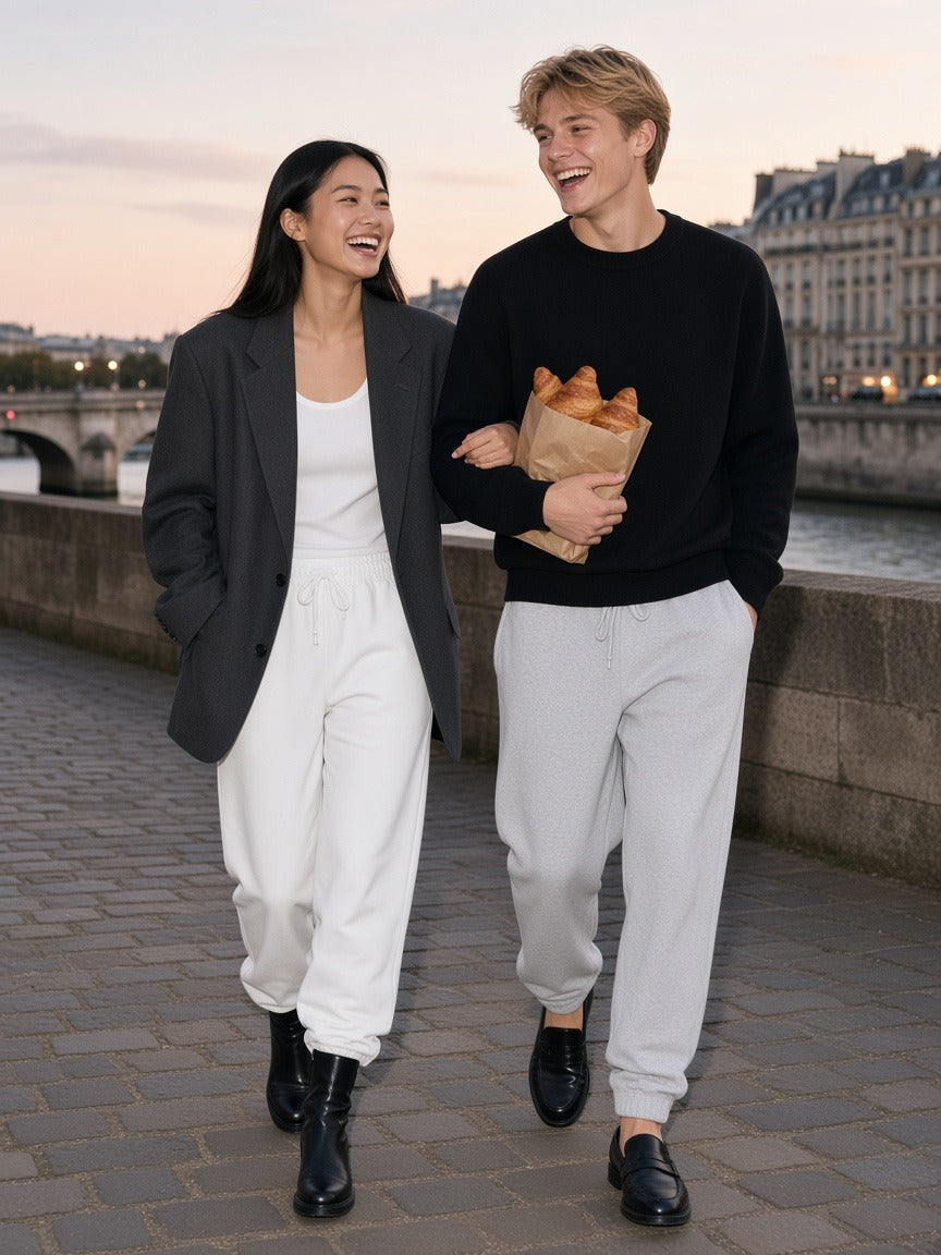 Two people in the Marcel Afters Heavyweight Fleece Joggers in White and Flower Gray walking a Seine quai at dawn with croissants