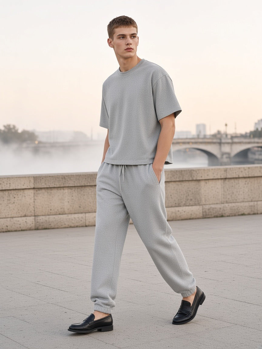 Man in the Marcel Afters Heavyweight Boxy T-Shirt in Flower Gray with fleece joggers walking an empty Seine quai at dawn