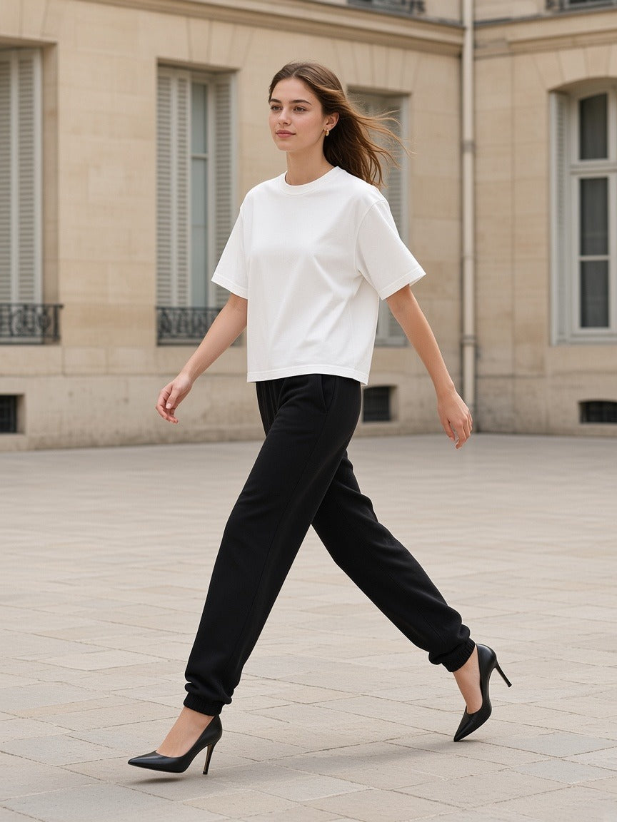 Woman in the Women's Heavyweight Boxy T-Shirt in White striding across a limestone Paris courtyard in black heels