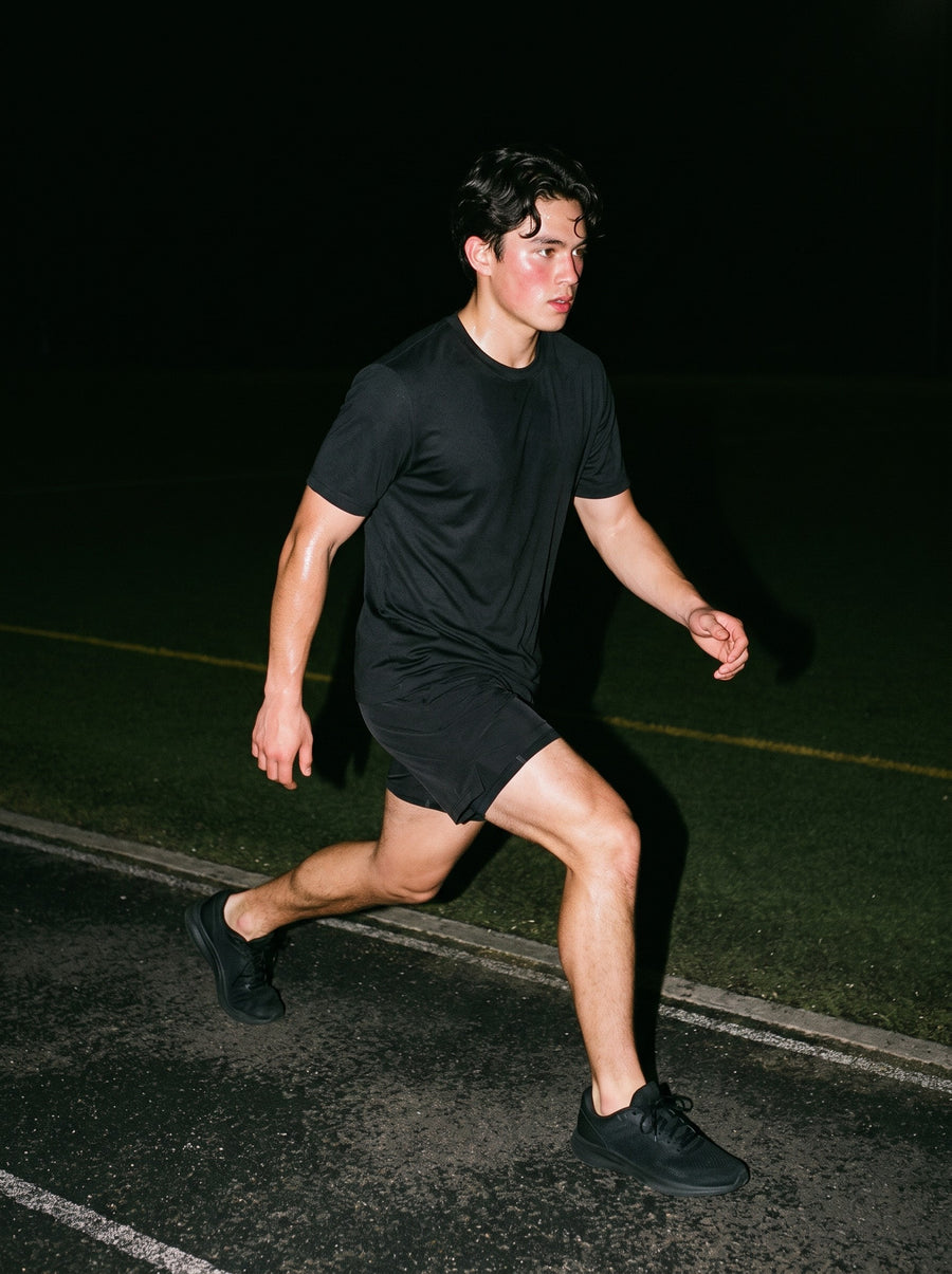 Man in the Performance Short Sleeve T-Shirt in Black, in a dynamic lunge on a running track at night