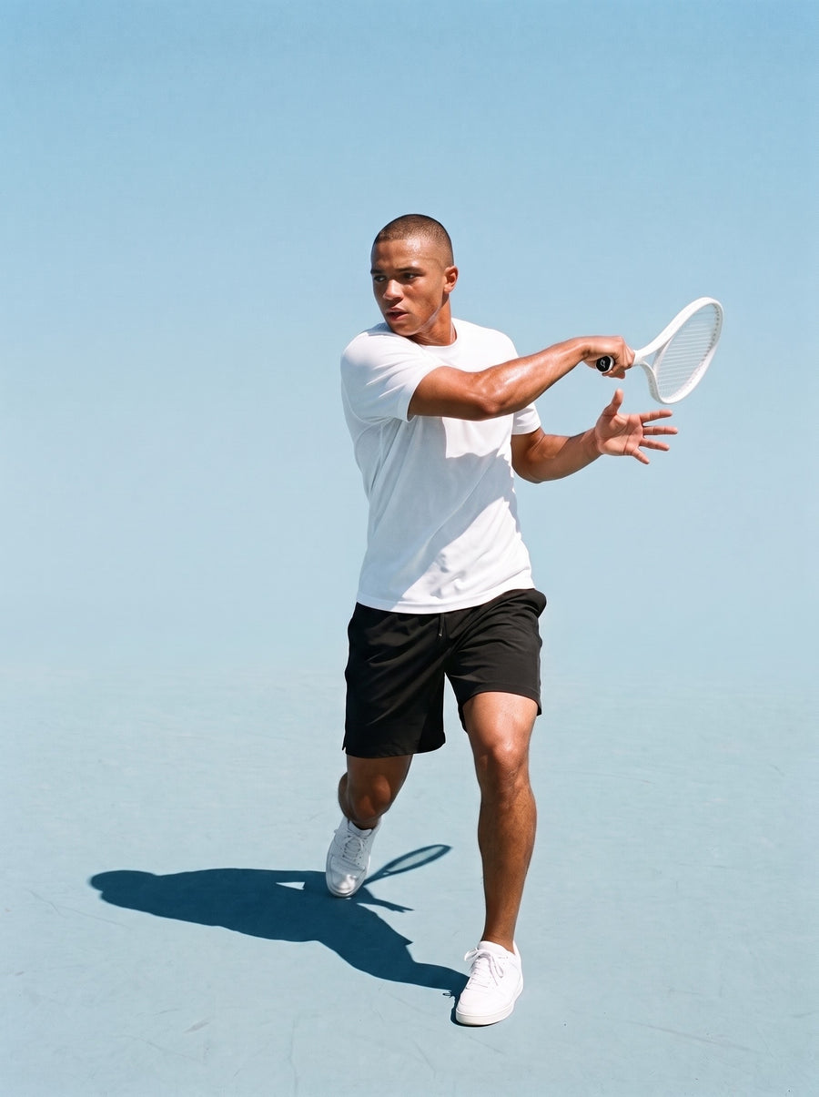 Man in the Performance Short Sleeve T-Shirt in White, finishing a forehand on a hard tennis court