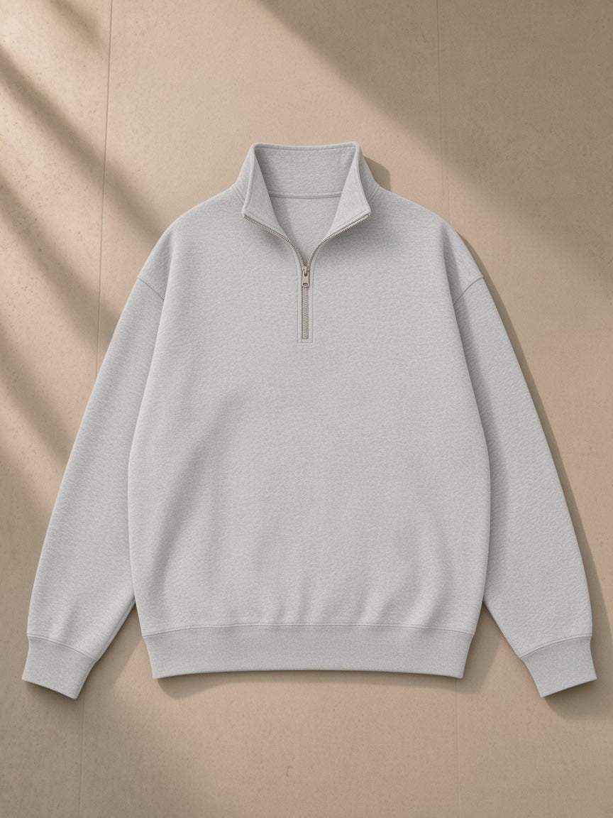Quarter-Zip Drop Shoulder Sweatshirt in Flower Gray, laid flat on pale limestone, front view