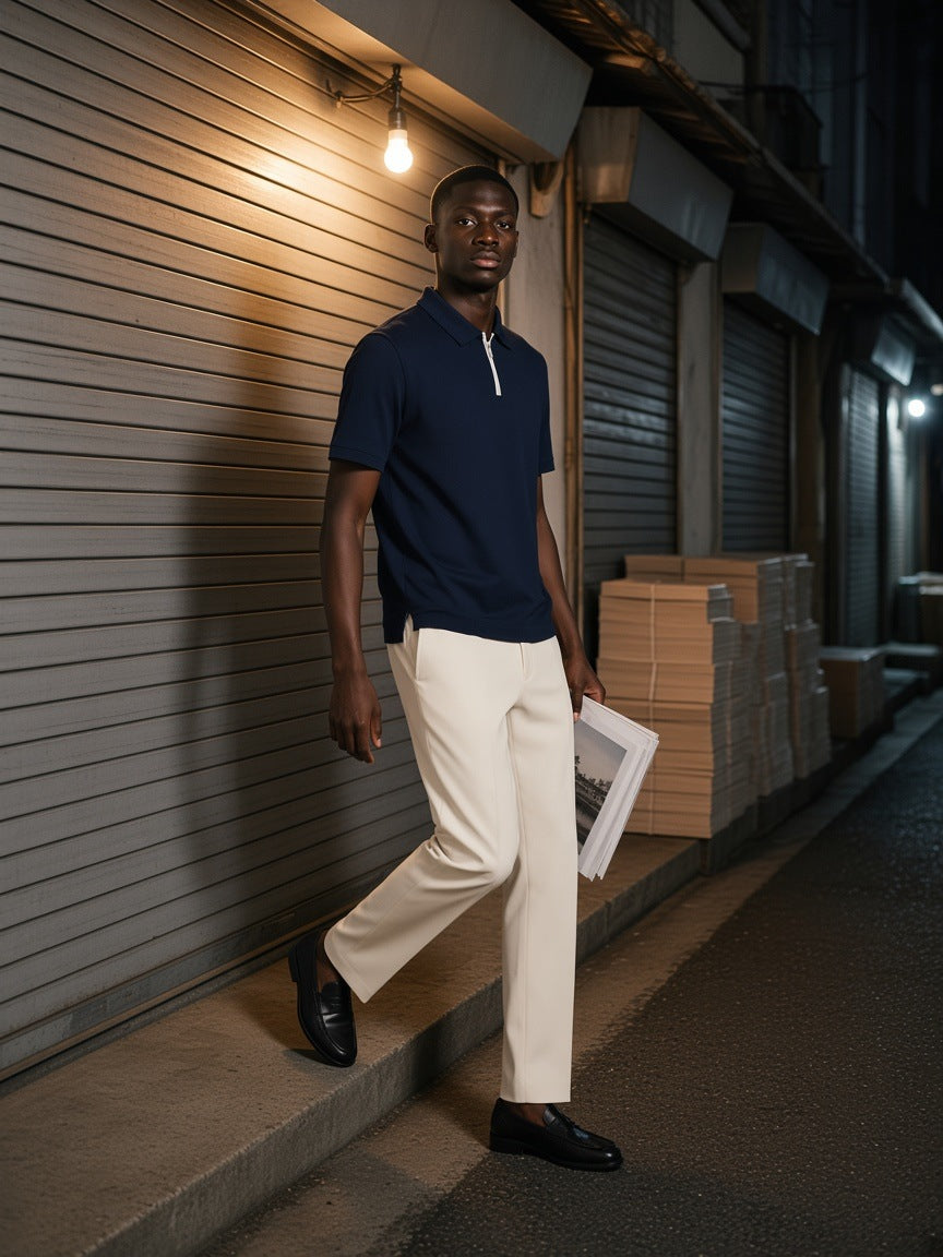 Man in the Quarter-Zip Knit Polo in Navy Blue, stepping off a kerb in an Euljiro print-shop lane in Seoul at night