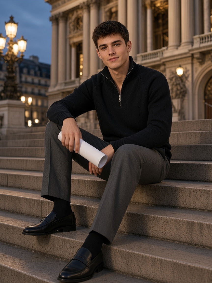Man in the Quarter-Zip Pullover Sweatshirt in Black sitting on the Palais Garnier steps in Paris at dusk