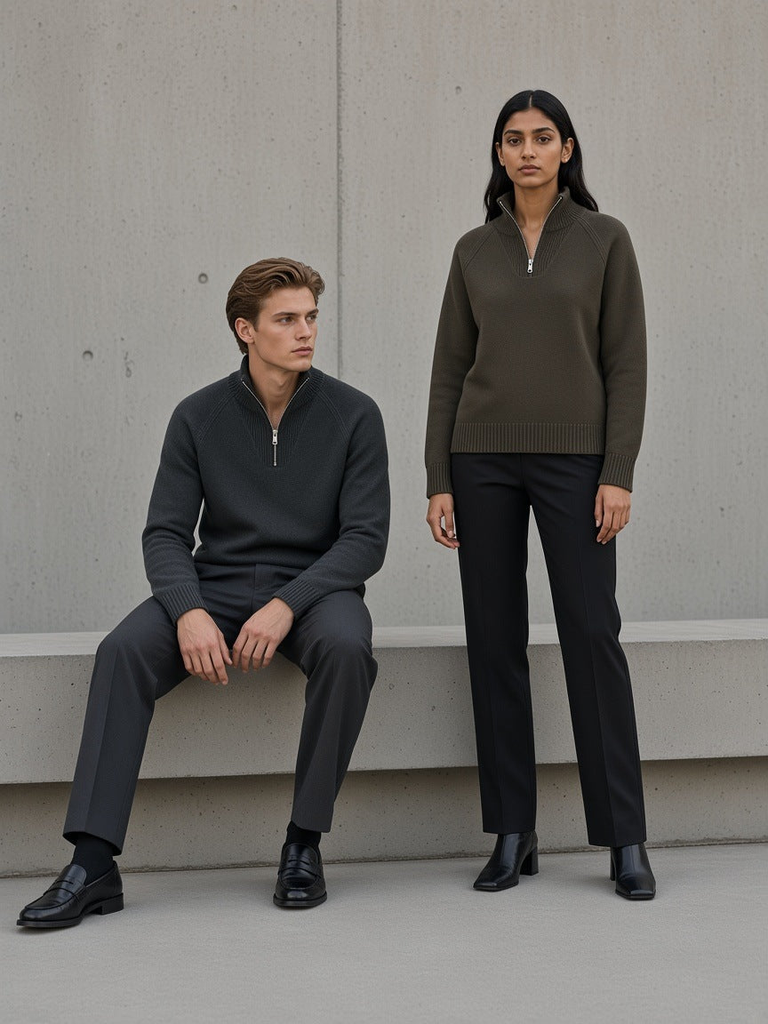 Woman in the Marcel Afters Quarter-Zip Pullover Sweatshirt in Dark Gray walking a Haussmann street in Paris at night