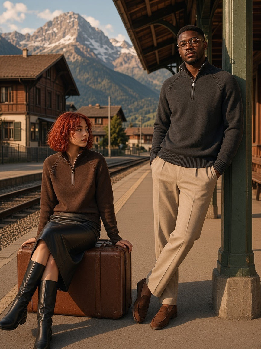 Two people in the Quarter-Zip Pullover Sweatshirt in Brown and Dark Gray, one seated on a suitcase and one leaning on a pillar, on a Swiss mountain railway platform at golden hour