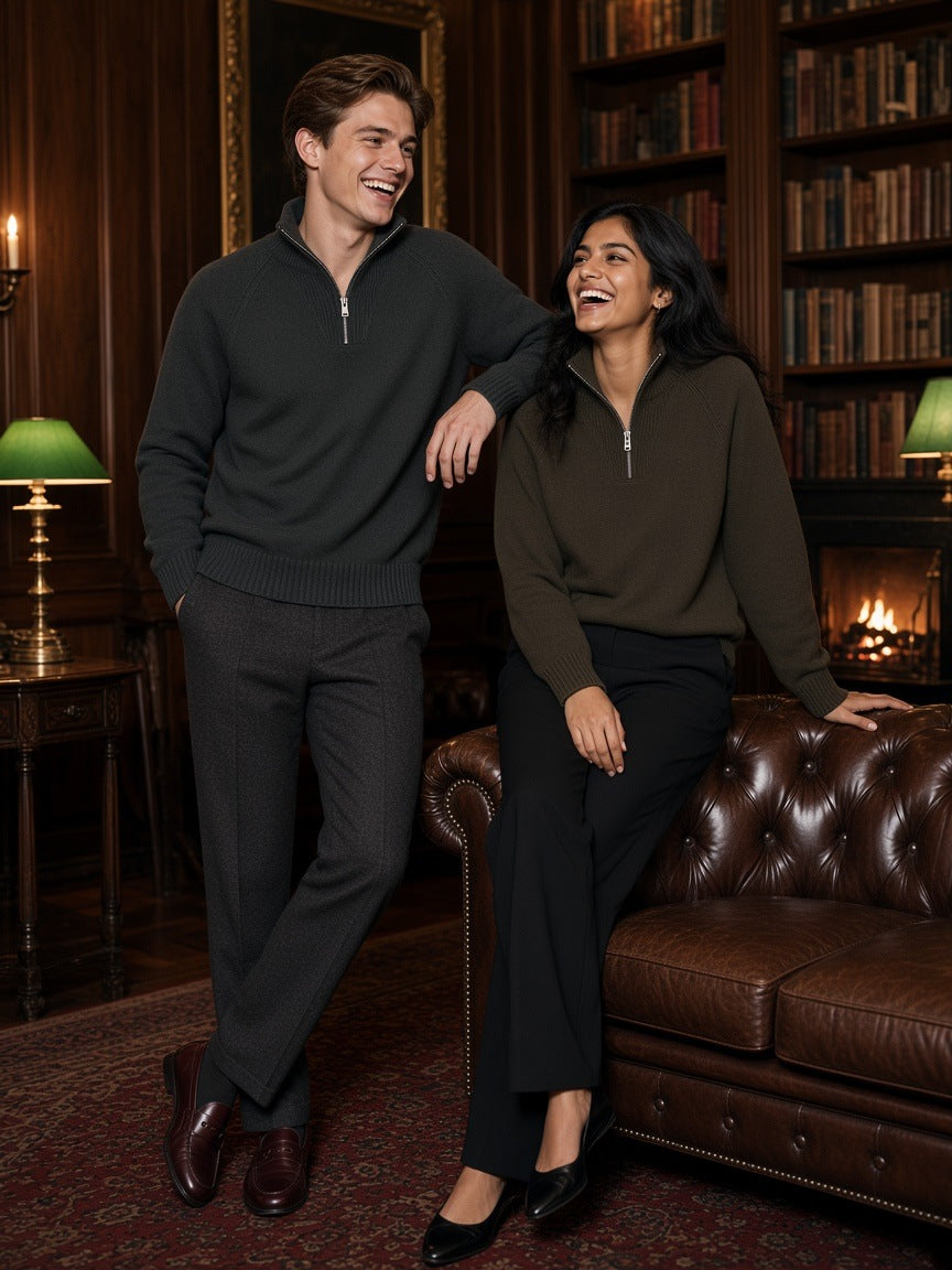 Two people in the Marcel Afters Quarter-Zip Pullover Sweatshirt in Dark Gray and Brown in a members' club library at night