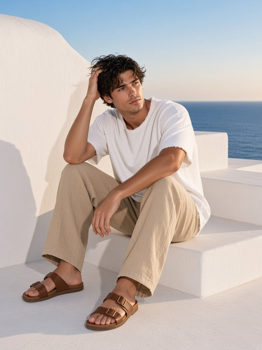 Man in the Raw Edge Boxy Non-Shrink T-Shirt in White on a whitewashed terrace on Mykonos in the morning