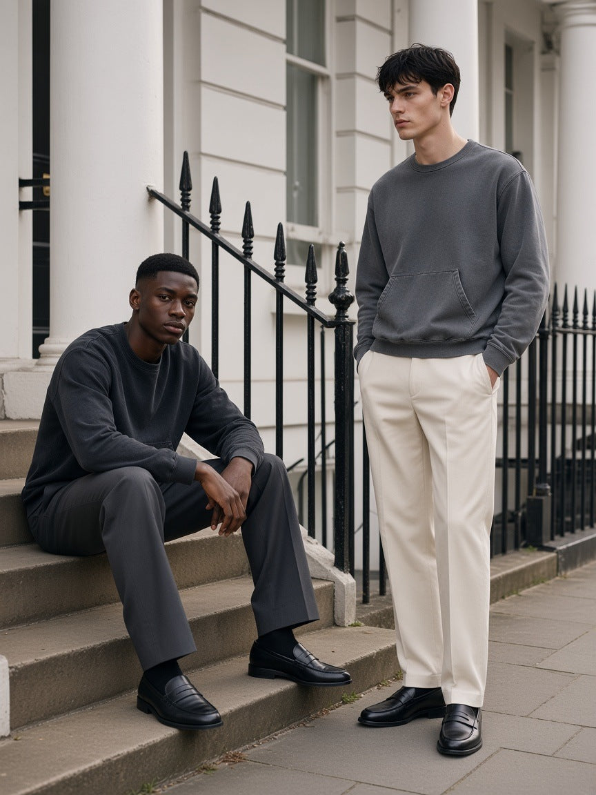 Two people in the Marcel Afters Raw Edge Crewneck Sweatshirt in Black and Washed Gray, on white stucco steps in London