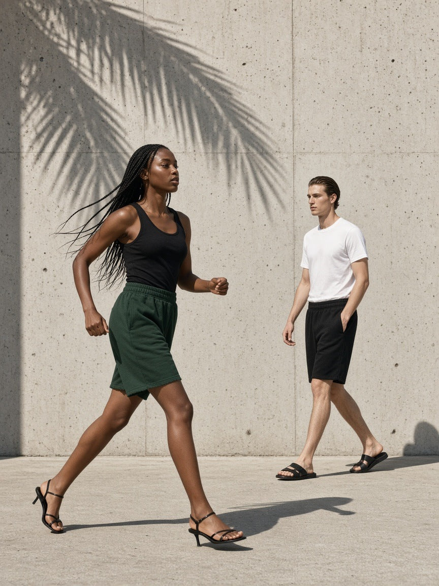 Two people in the Marcel Afters Raw Edge Fleece Shorts in Dark Green and Black, walking past a concrete wall with palm shadow in Los Angeles