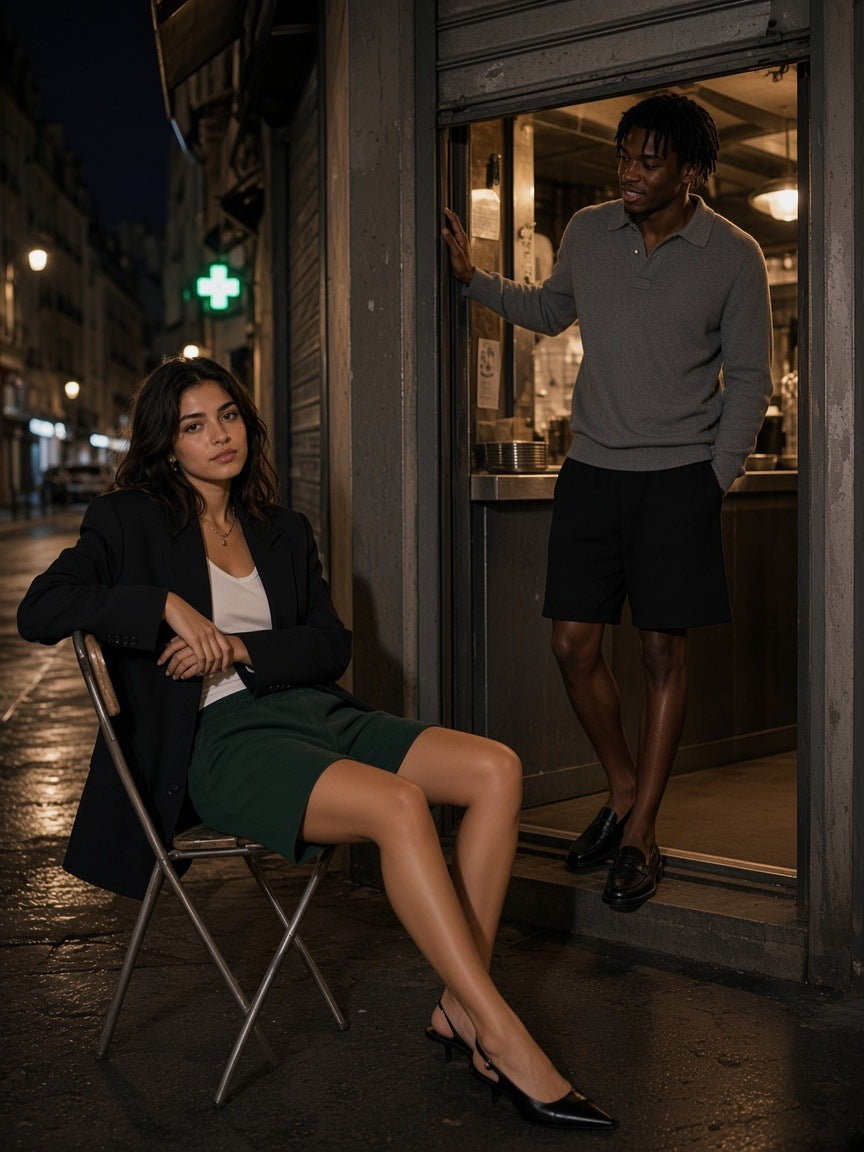 Two people in the Raw Edge Fleece Shorts in Dark Green and Black, one on a café chair and one in the doorway, outside a shuttered Paris bar at 2am