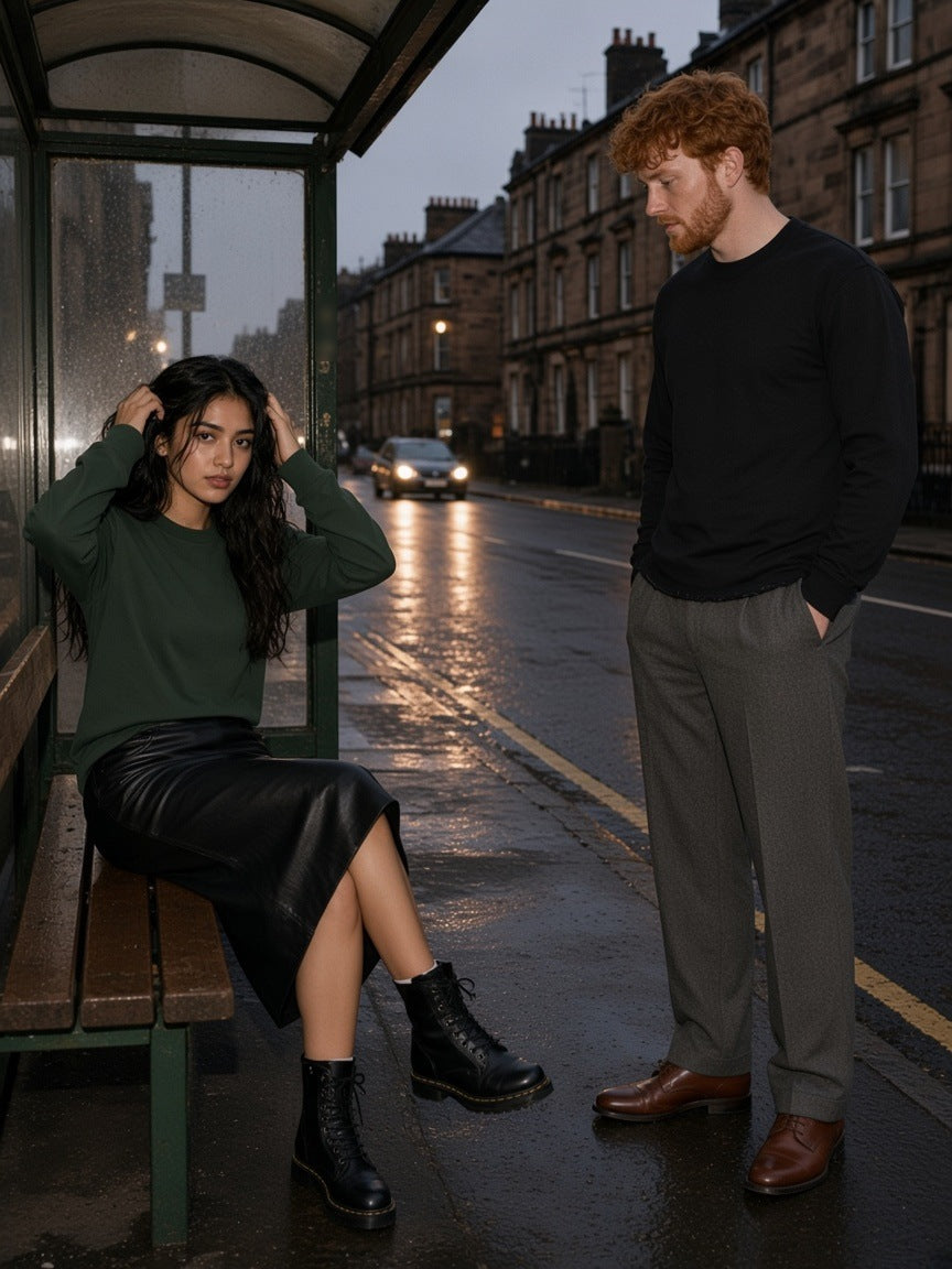 Two people in the Marcel Afters Raw Hem Long Sleeve T-Shirt in Dark Green and Black in a candlelit Saint-Germain jazz cellar in Paris