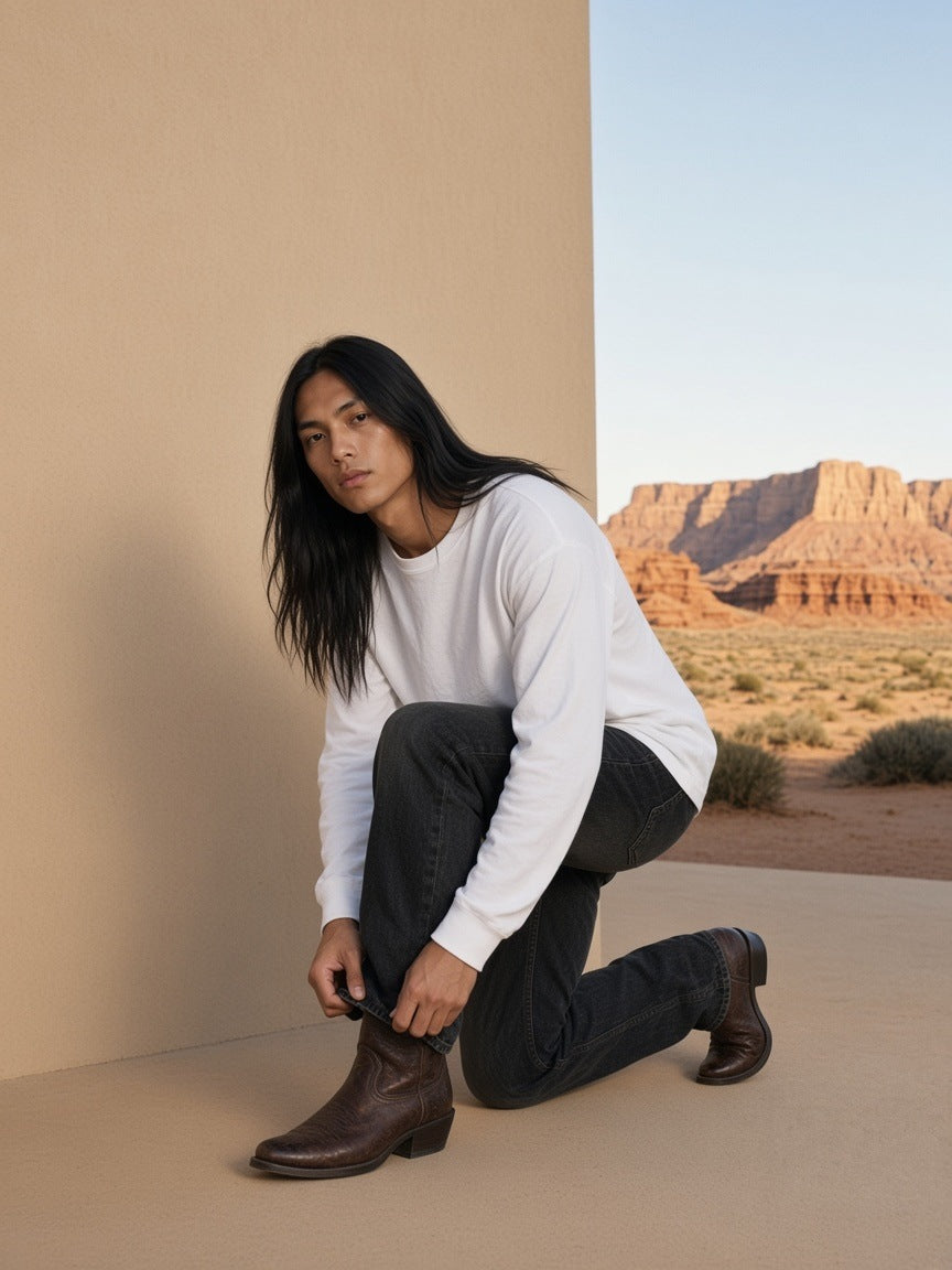 Man in the Raw Hem Long Sleeve T-Shirt in White at a desert resort in Utah by day