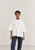 Mineral Wash Raw Hem Boxy T-Shirt in White, women model front view