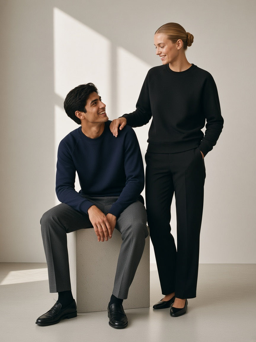 Two people in the Regular Fit Crewneck Sweatshirt in Black and Navy Blue, one seated on a concrete block, one standing, stone studio in the morning